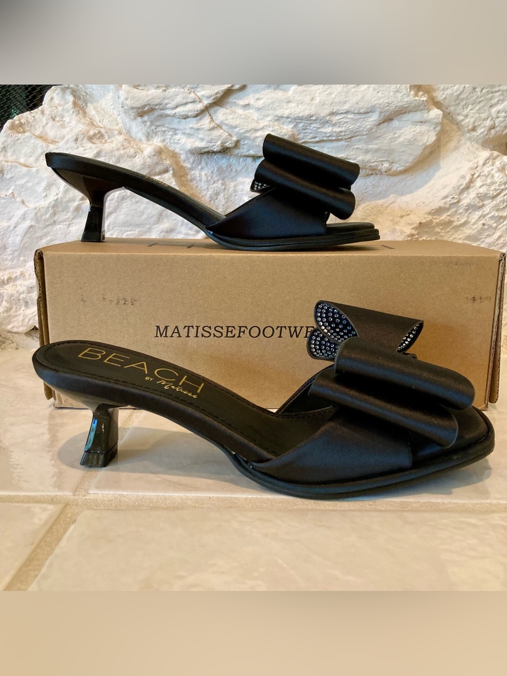 Matisse Black Satin Bow Kitten Heel Mules with Crystal Accent - Picture 1 of 16